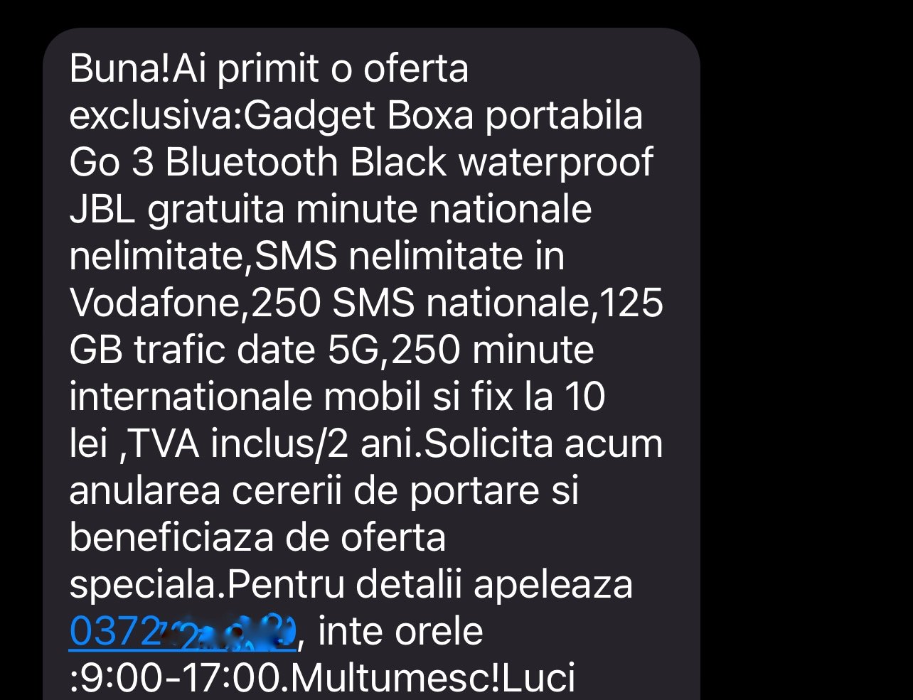SMS primit de la Vodafone cu oferta de retenție Red 9 Național