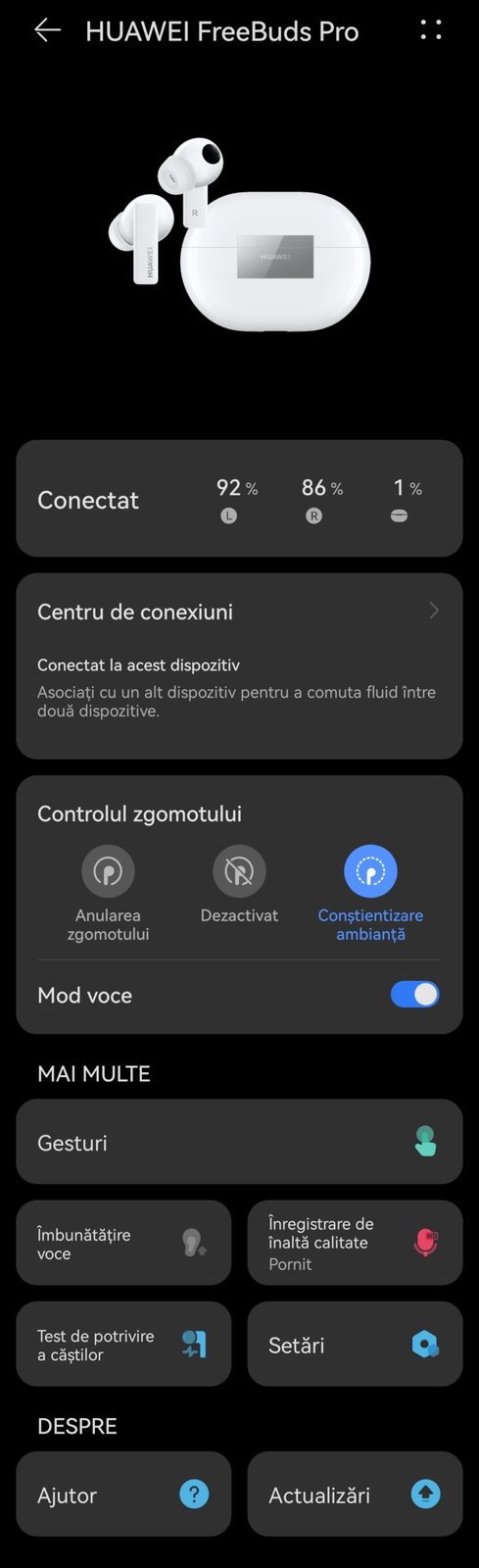 Ecranul aplicației AI Life cu opțiunea de îmbunătățire a vocii pentru căștile Huawei Freebuds Pro