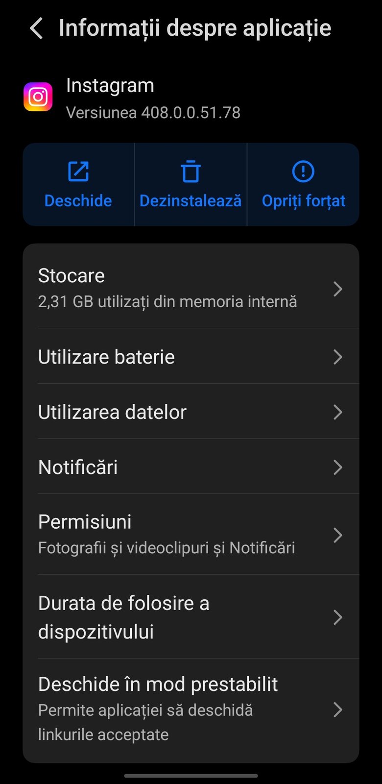 Setările aplicației Instagram cu opțiunea de informații suplimentare