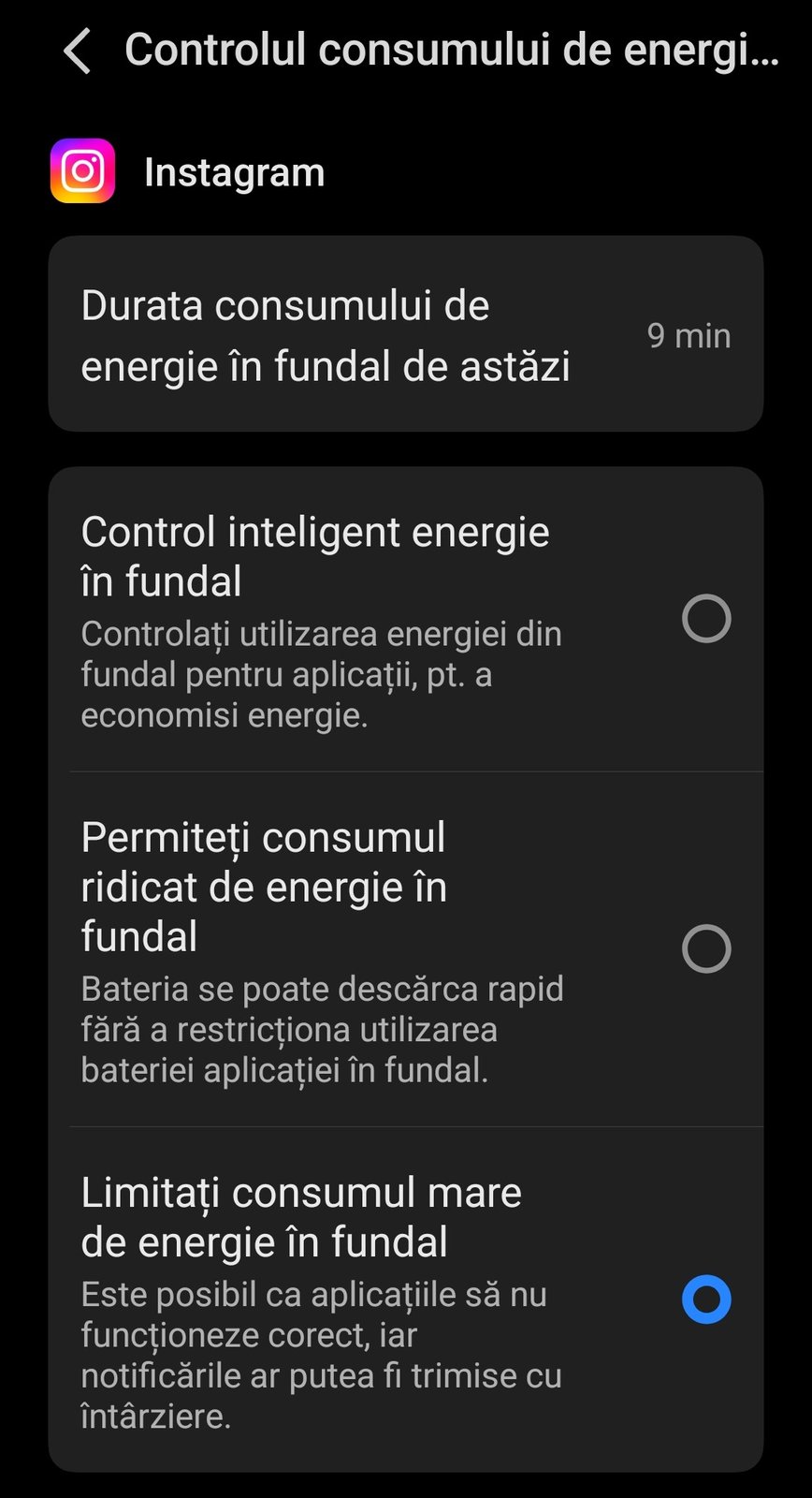 Setarea controlului consumului de energie în fundal pentru aplicații