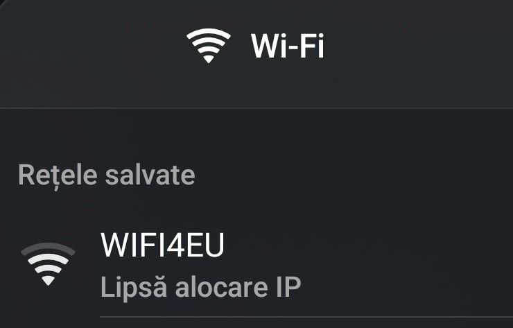 Setările Wi-Fi din Android, cu rețeaua WIFI4EU la rețele salvate și mesajul „Lipsă alocare IP”
